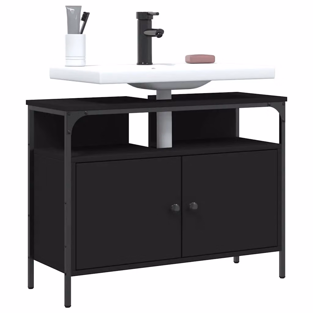 Lavabo da bagno moderno vidaXL nero in legno e metallo, L: 80 cm, P: 30 cm, H: 60 cm
