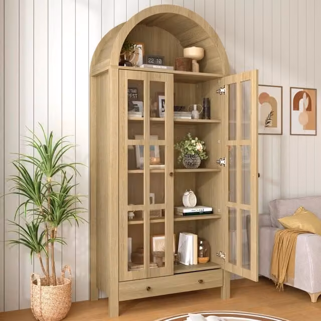Mobile alto ad arco moderno con ripiani multipli e cassetto, vetrina multifunzione con mensole regolabili per soggiorno, studio e sala da pranzo