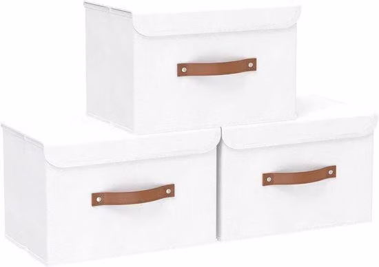 Cestino portaoggetti con coperchio - Elegante e funzionale - 3 pezzi - Bianco - Tessuto - 38x25x25 cm