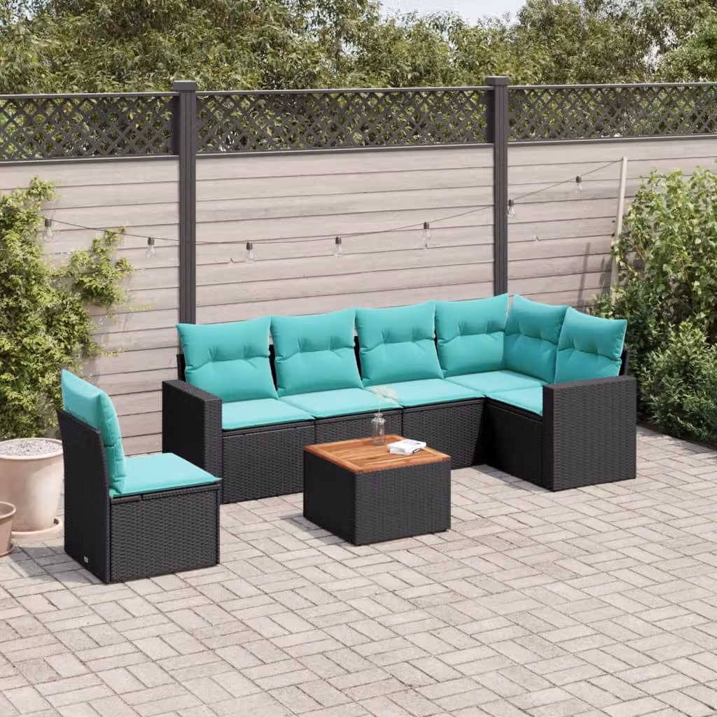 Set di divani da giardino vidaXL in polyrattan nero con cuscini e tavolino da esterno a forma di L