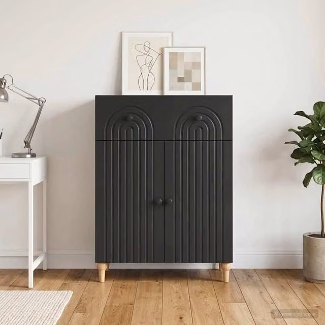 Credenza moderna vidaXL in nero con finitura opaca, realizzata in MDF e metallo, L: 66 cm, P: 34,5 cm, H: 90 cm