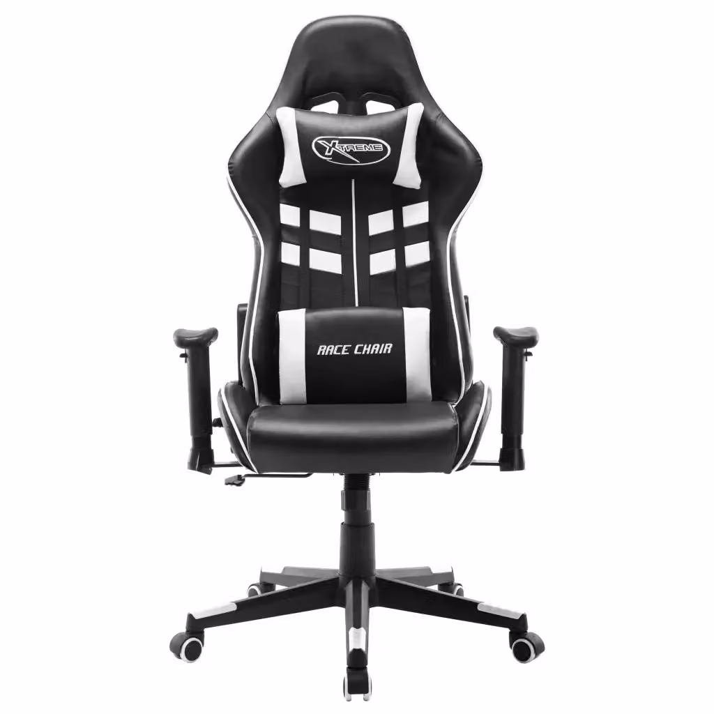 Sedia da Gaming Sportiva in Similpelle Nera e Bianca con Poggiatesta e Braccioli – 2