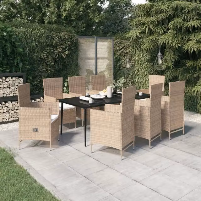 Set da pranzo da giardino vidaXL in polyrattan con cuscini beige e tavolo in vetro, 9 pezzi – 1