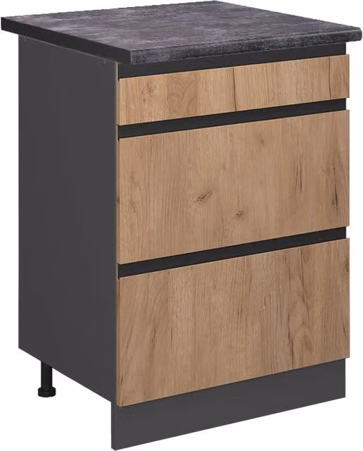 Mobiletto base per cucina R-Line Rovere dorato/Antracite 60 cm J-Shape con cassetti, PL Antracite Vicco