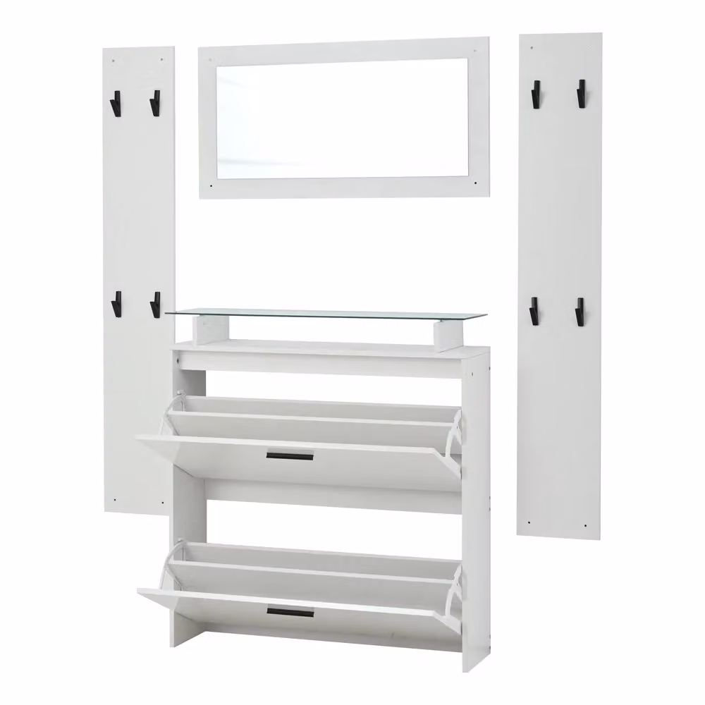 Set ingresso Minimal composto da consolle appendiabiti, specchio e porta scarpe in bianco lucido L: 89.5 cm, P: 23 cm, H: 96.5 cm – 2