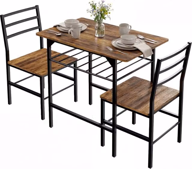 Set tavolo da pranzo con 2 sedie per 2 persone, tavolo da cucina salvaspazio con struttura in metallo e ripiano, marrone rustico