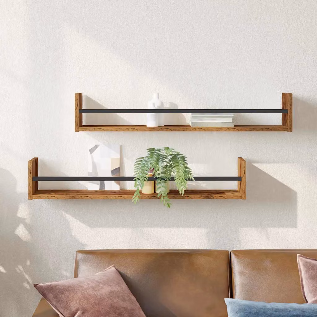 Set di 2 Scaffali da parete vidaXL in Legno vecchio e Metallo, Colore Marrone, L 80 x P 16 x H 14 cm