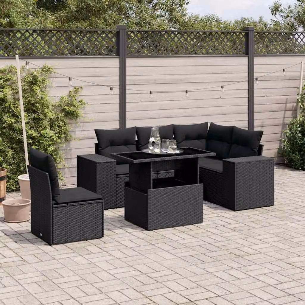 Set Divano da Giardino a L vidaXL in Polyrattan Nero con 6 Cuscini e Tavolino da Esterno – 1