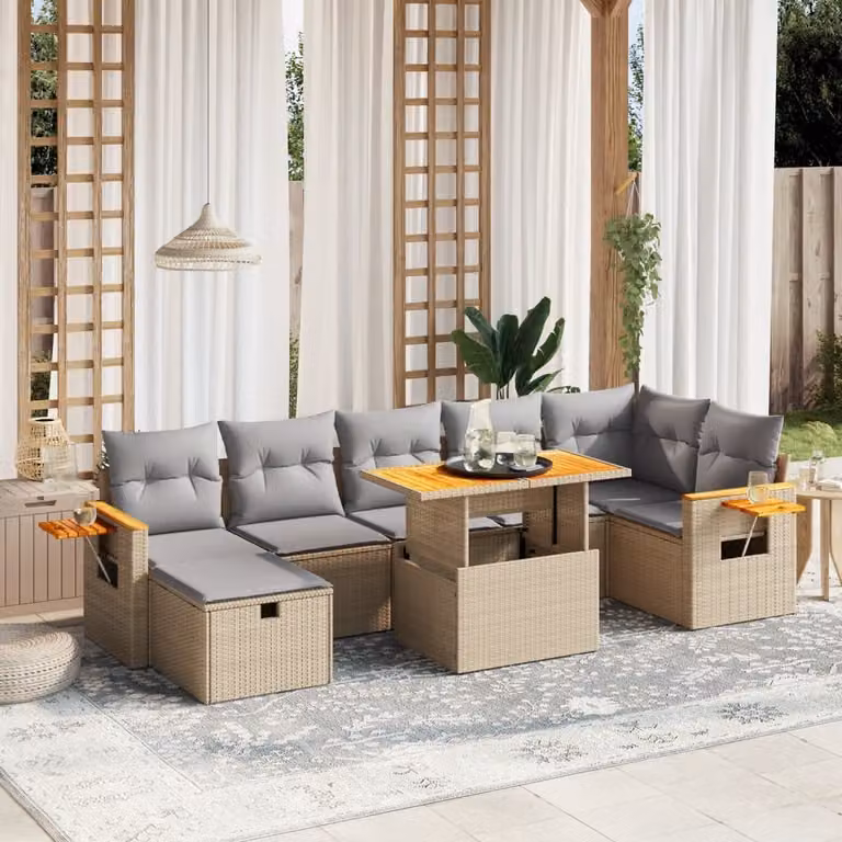 vidaXL Set Divano da Giardino 8 pz in Polyrattan con Cuscini Beige e Tavolino da Esterno