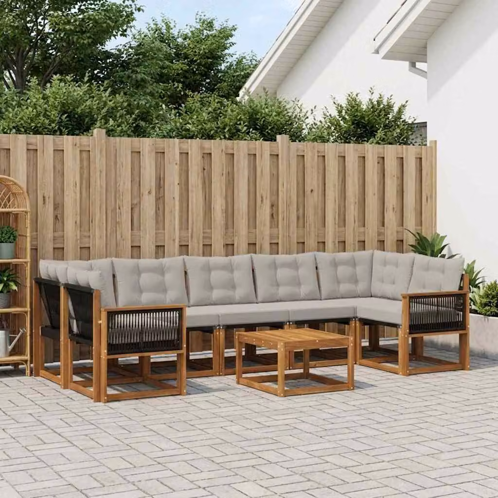 Set di divani da esterno vidaXL 8 pz in legno di acacia con cuscini e tavolino da caffè, Marrone e Grigio
