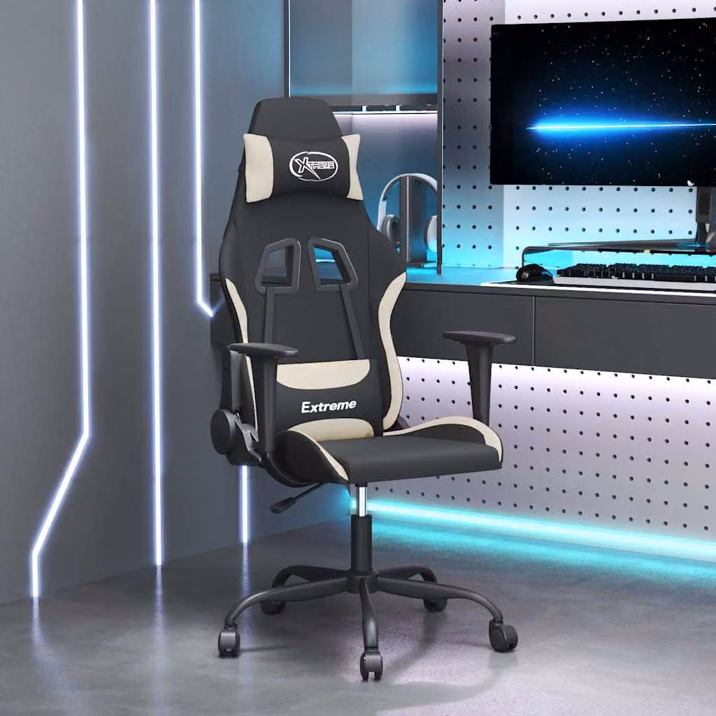 Sedia da Gaming vidaXL in Tessuto e Finta Pelle, Nero e Beige, con Poggiatesta e Ruote