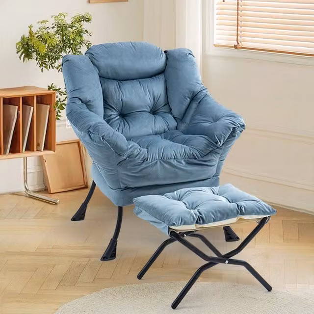 Poltrona Relax REDOM con Ottoman in Tessuto Blu per Soggiorno