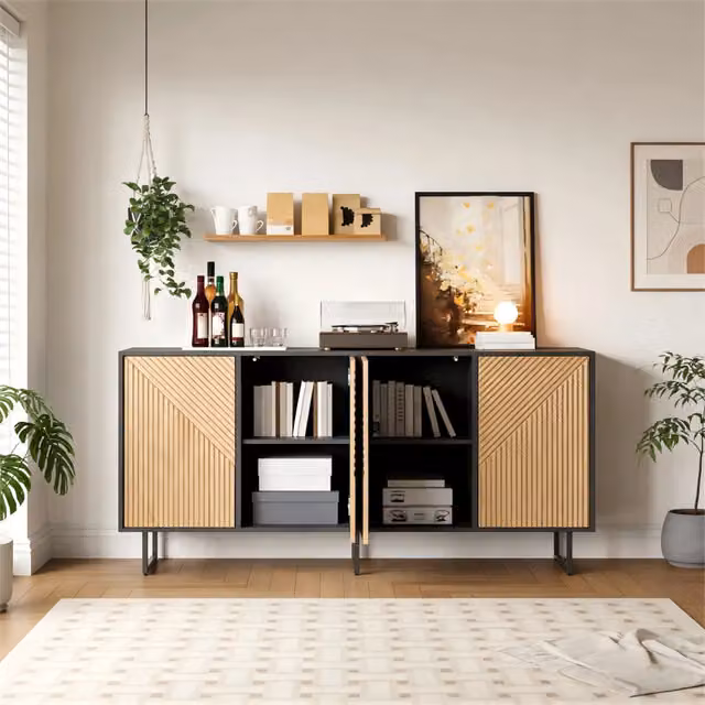 Credenza Soggiorno 4 Ante ¨C Xylo ¨C Legno Naturale e Nero, 160x40x75 cm