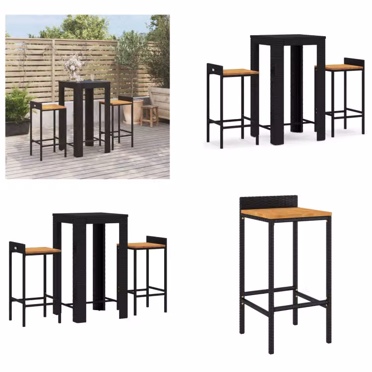 vidaXL Set bar da giardino 3 pezzi in poly rattan nero e legno massiccio di acacia - Set bar da giardino - Set bar da giardino - Set bar da giardino - Bar da giardino
