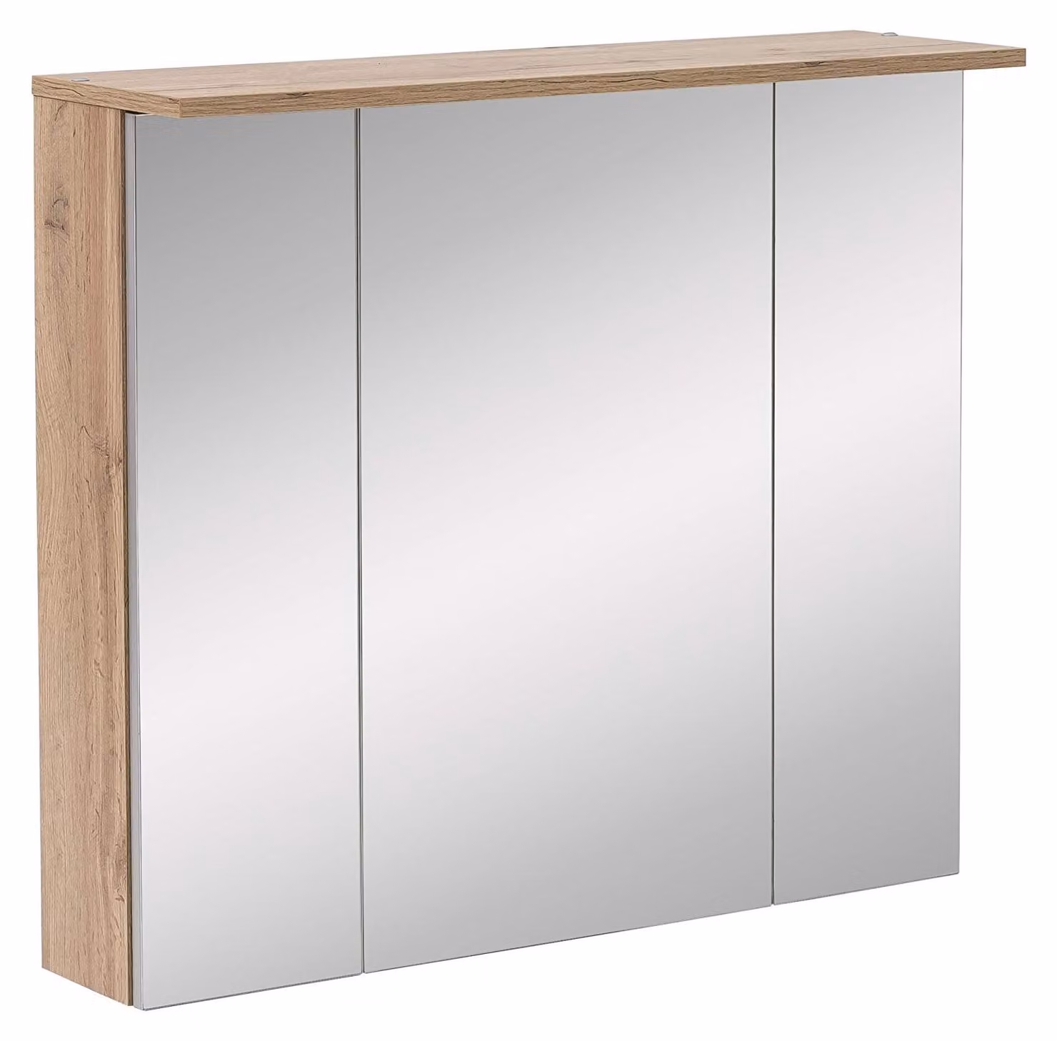 Specchio a parete con 3 ante, 6 ripiani in vetro, illuminazione a LED, finitura noce, dimensioni 80,5 x 16 x 72,3 cm