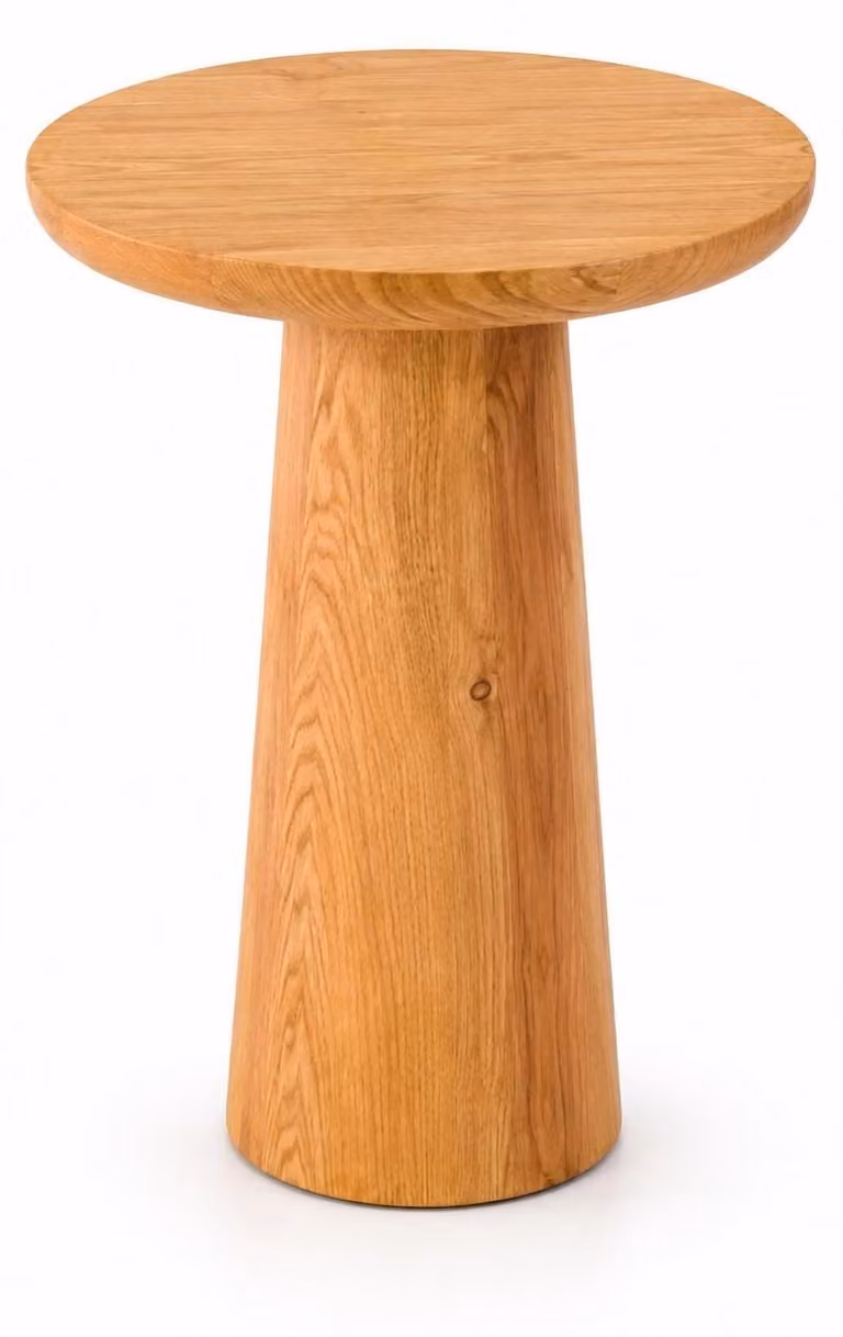 Tavolino ausiliario minimalista in legno massello di rovere naturale, forma rotonda, nuovo