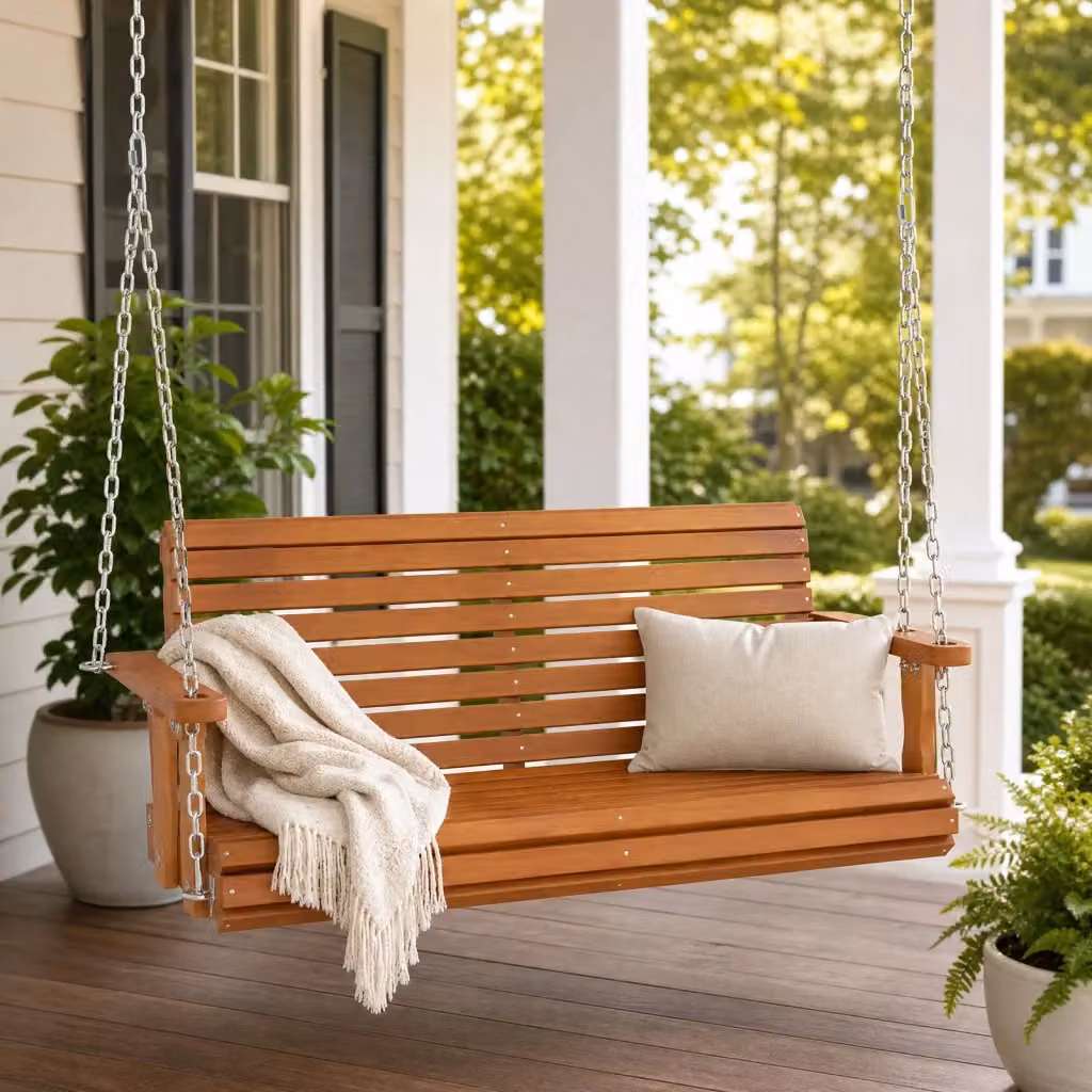 Altalena da giardino in legno di abete marrone per 2 persone con schienale ergonomico, braccioli e cuscini inclusi, panca sospesa regolabile con portata 300kg – 2