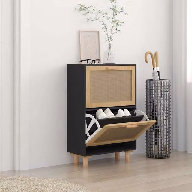 Scarpiera a parete vidaXL in stile scandinavo in legno e rattan, Nero e Multicolore, L: 52 cm, P: 25 cm, H: 80 cm