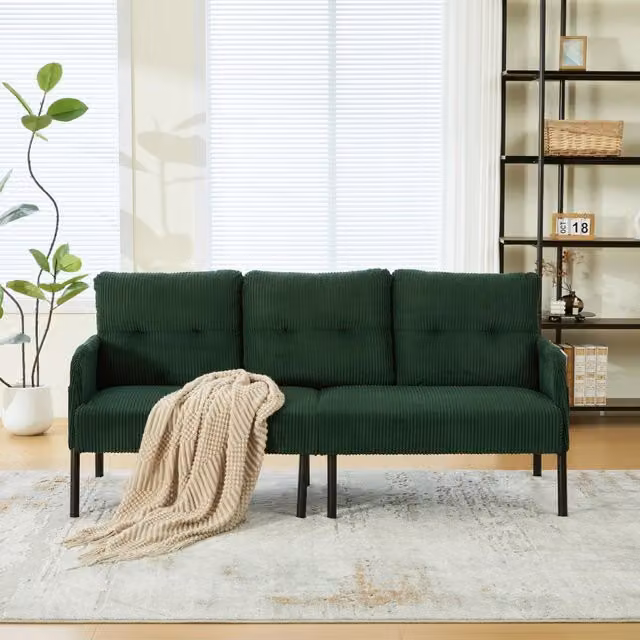 Divano a 3 posti in tessuto effetto velluto con schienale ergonomico tasca laterale e struttura stabile verde smeraldo