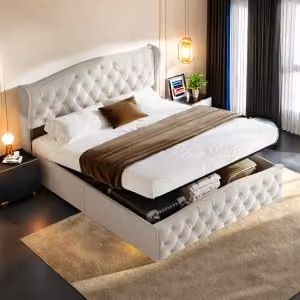Letto imbottito UnboxG 160x200cm con rete a doghe, letto a molle idrauliche con rete e testiera, letto contenitore letto funzionale letto matrimoniale in velluto bianco