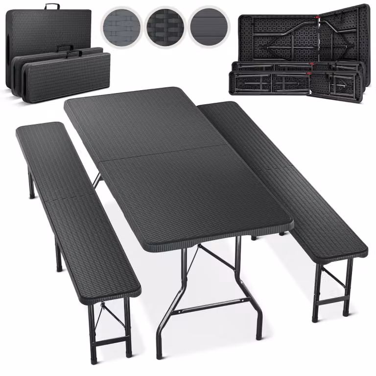 Set da giardino composto da 3 elementi: 2 panche e 1 tavolo, pieghevoli, con aspetto rattan, colore nero