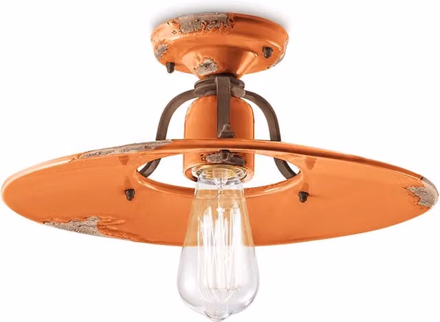 Plafoniera Vintage Country Ferro E Ceramica Arancio 1 Luce E27