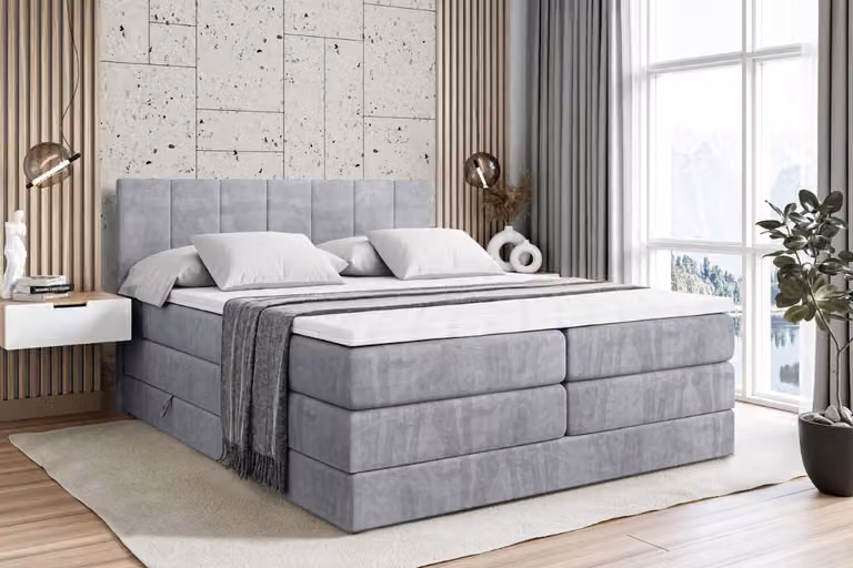 Letto boxspring ALTDECOR con 2 materassi e topper - 120x200 cm - MOETI KING - Velluto grigio chiaro - Letto imbottito con materassi H3 e H4, contenitore e rete a doghe, letto con spazio contenitivo