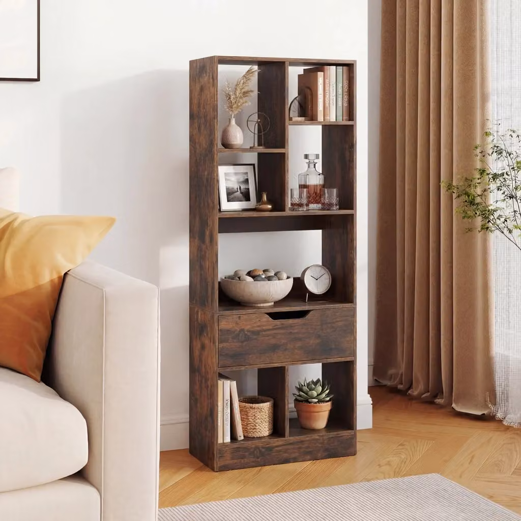 Libreria verticale moderna con 7 cubi e cassetto in legno e MDF, colore marrone, H 130 x L 24 x P 24 cm – 2