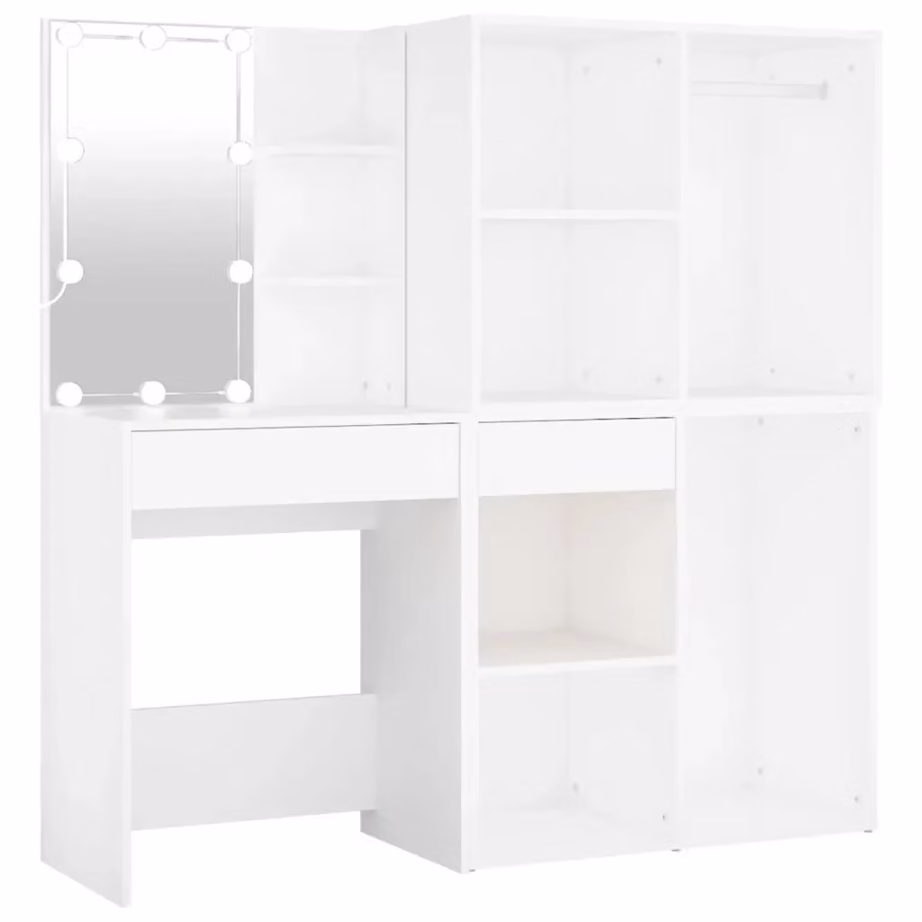 Toeletta Hollywood LED con 2 Armadietti in Legno Multistrato Bianco vidaXL L: 140 cm, P: 40 cm, H: 60 cm – 2