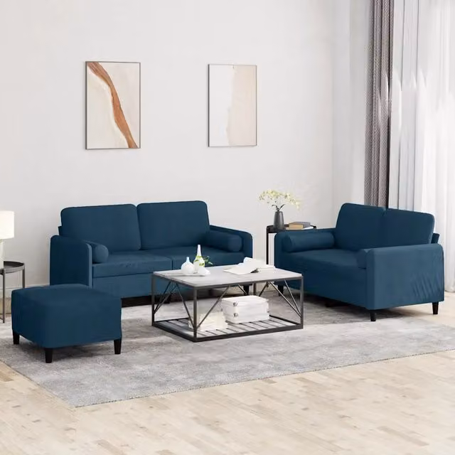 Set di divani 3 pezzi vidaXL in velluto blu con cuscini per soggiorno in stile moderno – 1