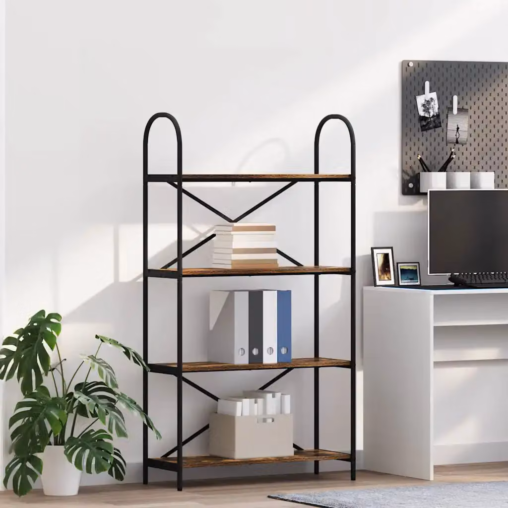 Libreria moderna vidaXL a 4 livelli in legno ingegnerizzato e metallo, colore marrone e nero, L 80 cm x P 30 cm x H 146 cm