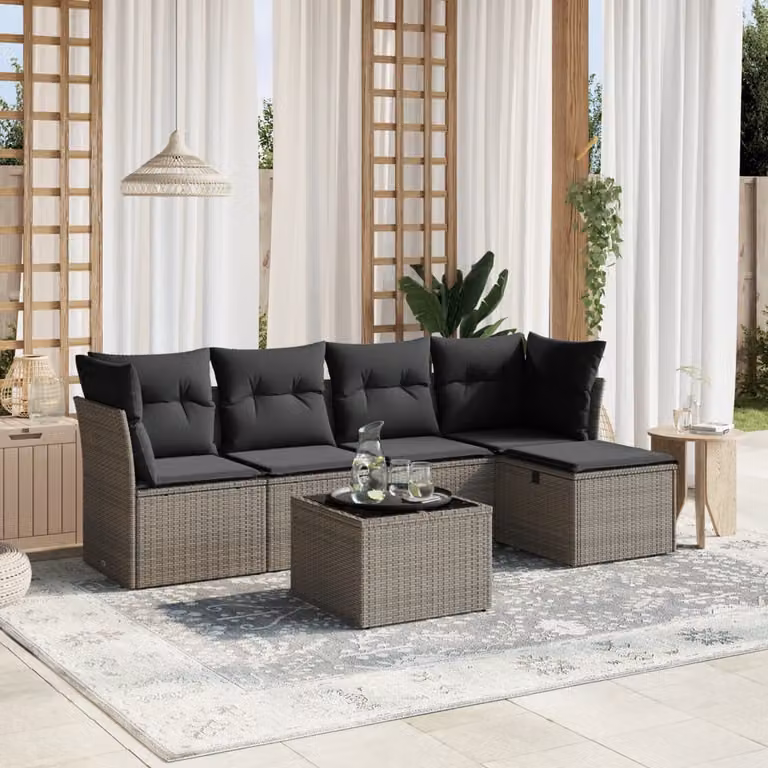 vidaXL Set Divano da Giardino 6 pz a Forma a L con Cuscini Grigio in Polyrattan e Tavolino in Vetro