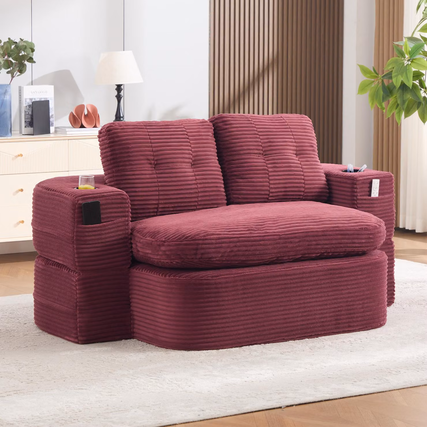 DIVANO MODULARE RELAXSOFA MODFU, rivestito in tessuto cordato, trasformabile in un divano lounge 2-in-1 con funzione relax, dotato di due portabicchieri e seduta particolarmente profonda, colore rosso vino
