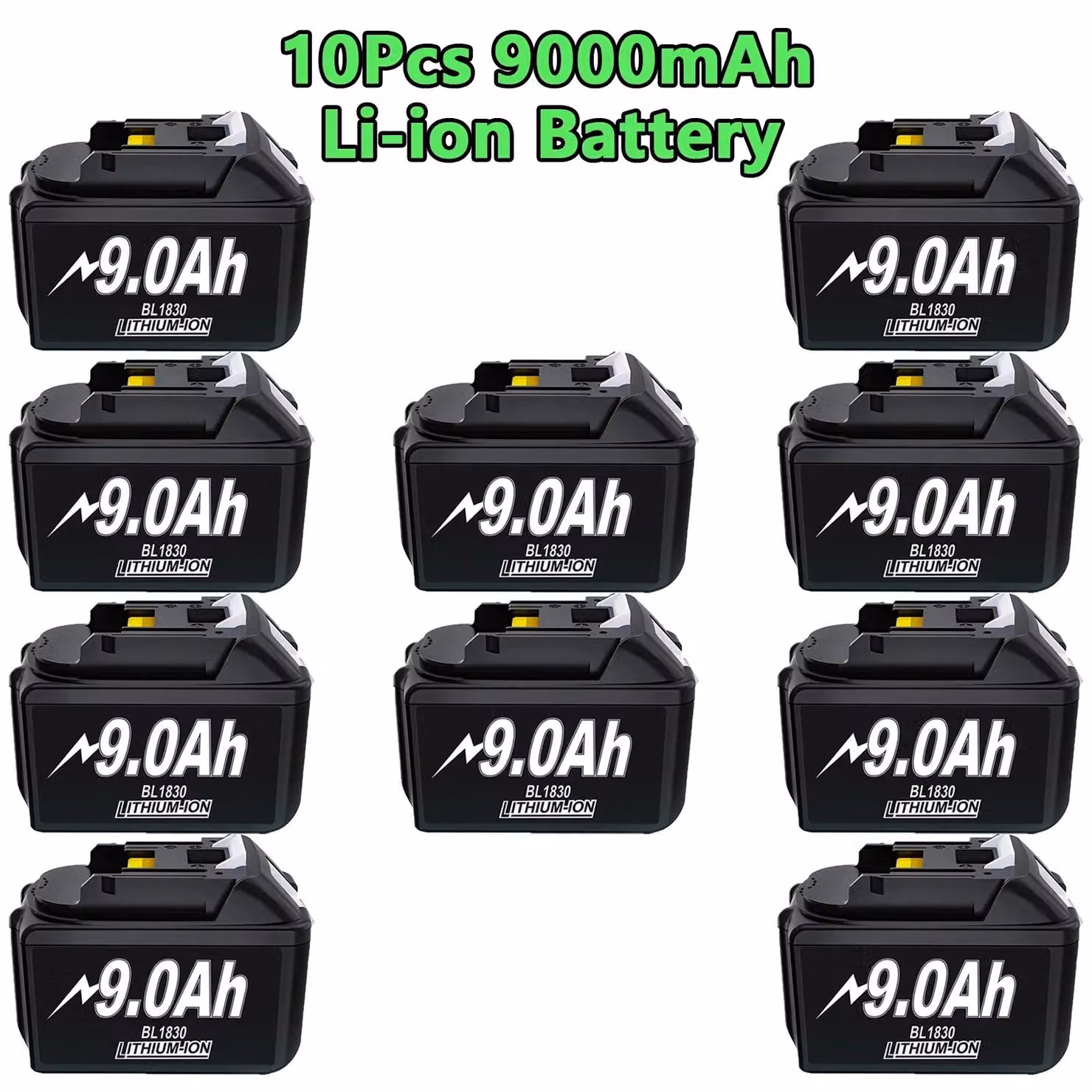 Set di batterie di ricambio - confezione da 10 - 9000 mAh - 18 V - agli ioni di litio - compatibile con BL1830, BL1840, BL1850, BL1860