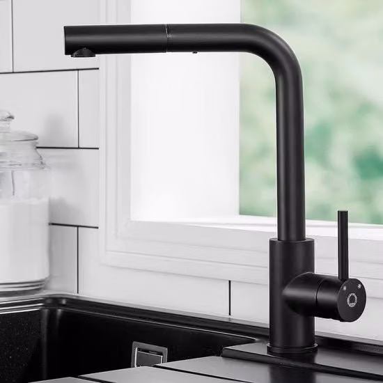 Cranio cucina nero con doccia manuale, cranio cucina con scarico metallico retrattile, cranio cucina in acciaio inox, 360 gradi girevole, copertura rimovibile, senza scarico d'acqua per doccia.