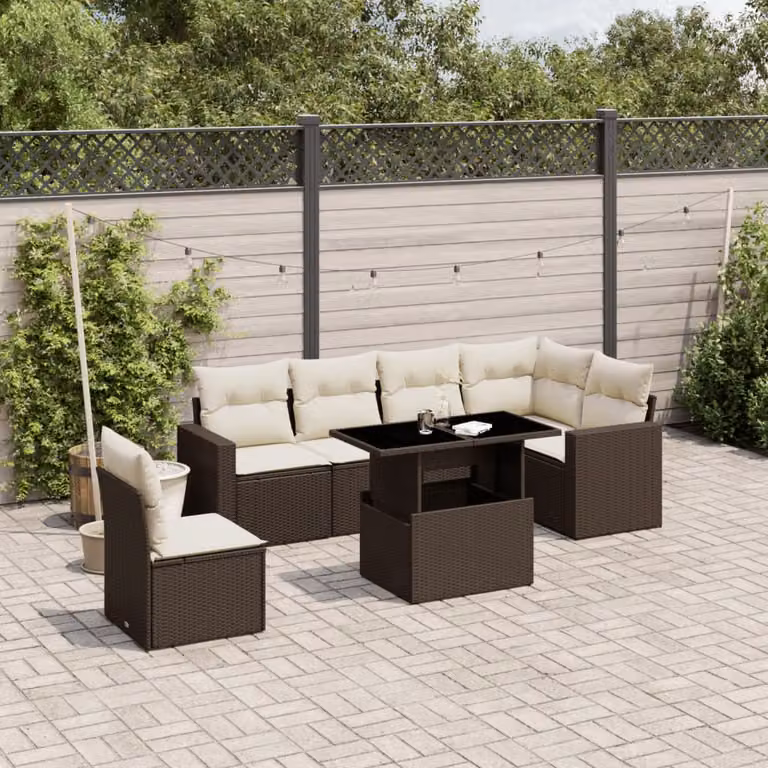 Set di divani da giardino vidaXL a forma di L composto da 7 pezzi con cuscini marroni e bianchi in polyrattan e metallo