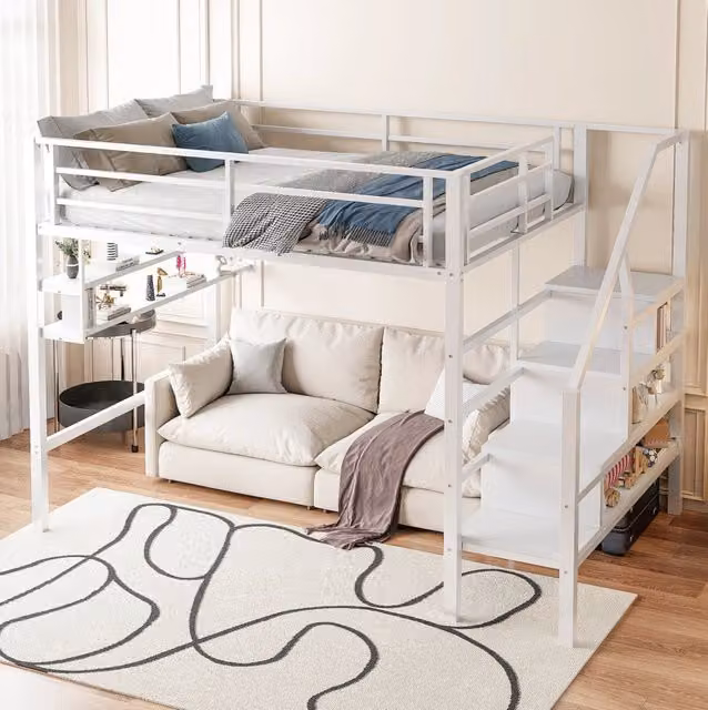 Letto a soppalco per bambini 140x200 cm in metallo e MDF; con scaffali; scala contenitore; bianco