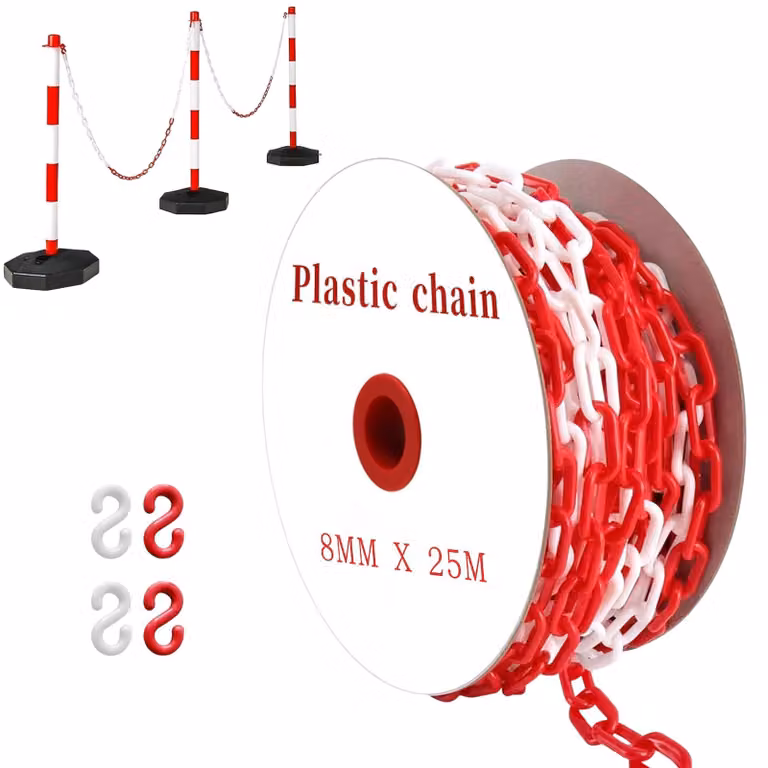 Catena di delimitazione rosso/bianco in plastica, 6/8 mm, 15-50 m, con ganci a uncino