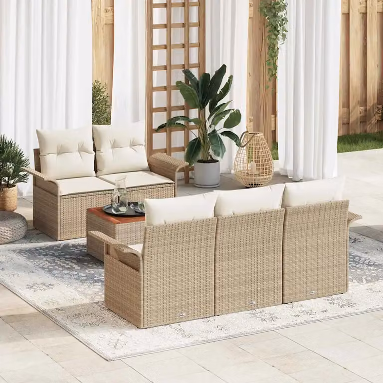 Set Divano da Giardino vidaXL 6 Pezzi Beige con Cuscini e Tavolino in Polyrattan e Acciaio