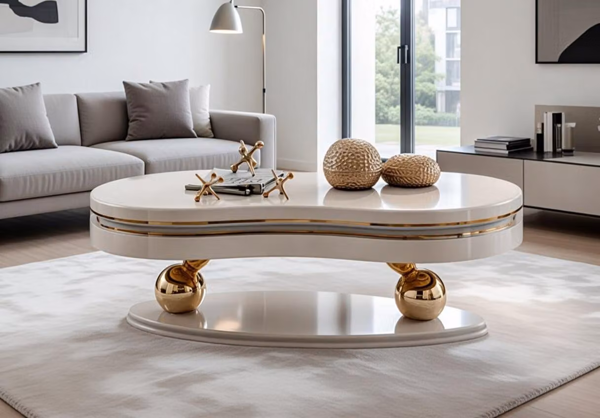 Elegante tavolino da salotto con dettagli dorati e struttura robusta
