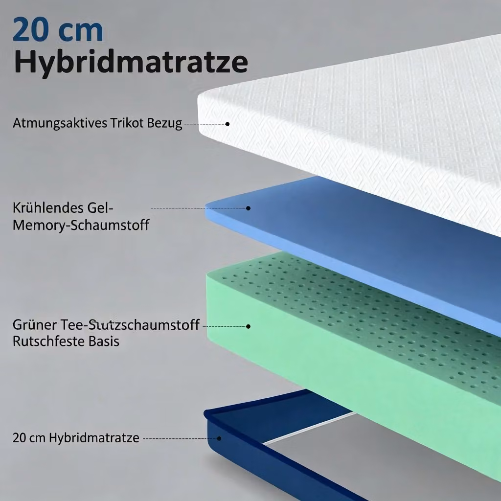 Materasso in memory foam gel WISHDOR con estratto di tè verde, sfoderabile e lavabile, L/P: 160 x 200 cm – 2