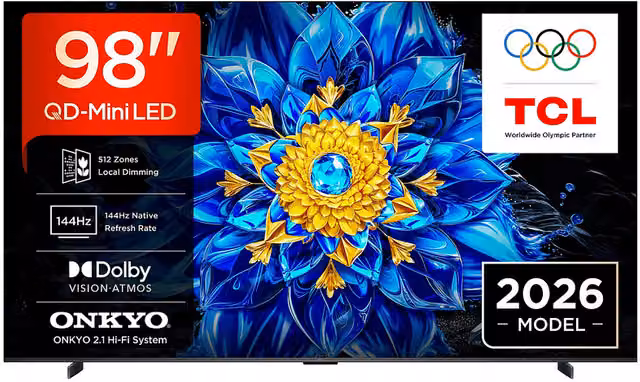 Smart TV TCL 98P8L da 98 pollici QD-Mini LED 4K UHD Google TV con Audio Onkyo 2.1 e 144Hz VRR, Nero