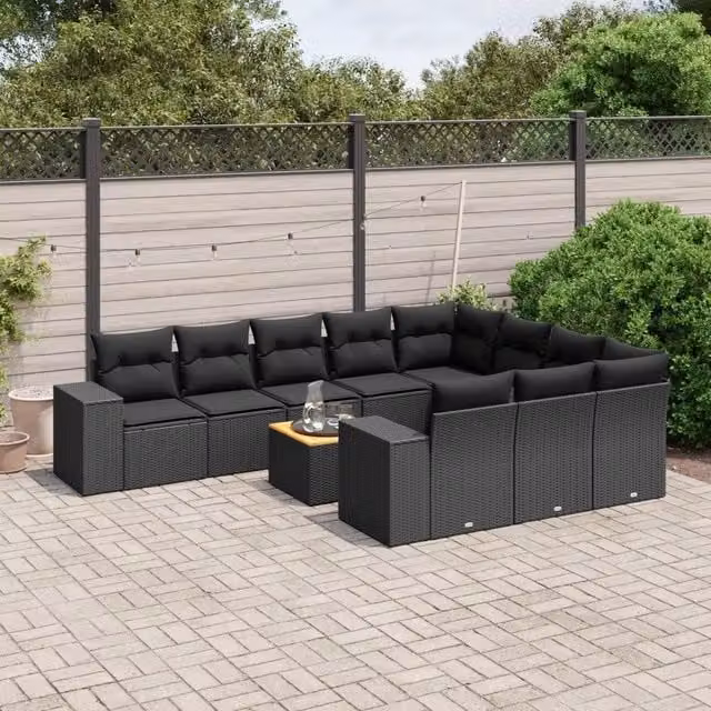 Set di Divani da Giardino vidaXL in Polyrattan Nero con Cuscini e Tavolino da Esterno a Forma di U