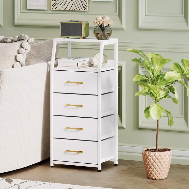 Costway Cassettiera moderna in metallo con 4 cassetti pieghevoli in tessuto e vano aperto, Comodino bianco per salotto e ufficio