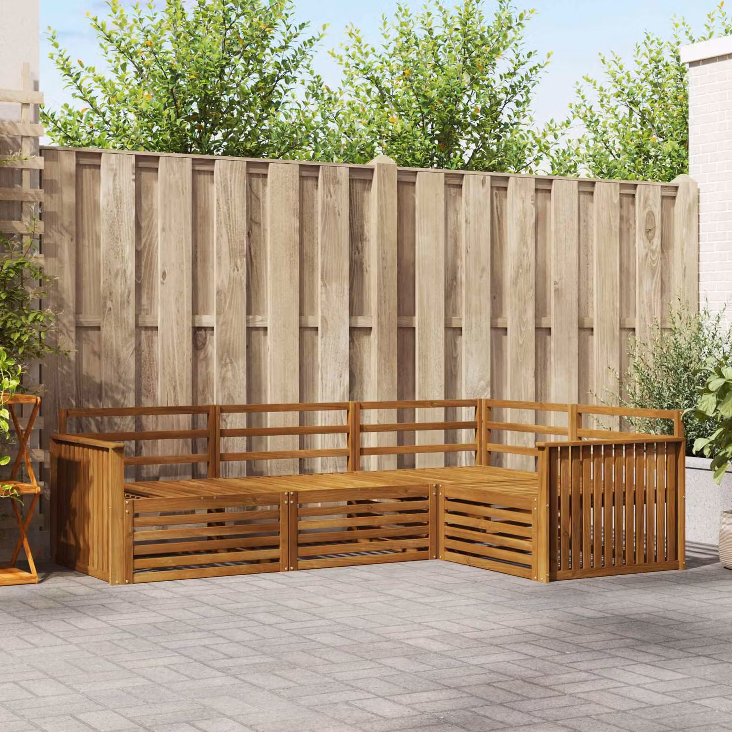 Set di divani da esterno vidaXL a forma di L composto da 4 pezzi in legno di acacia massello marrone con cuscini inclusi