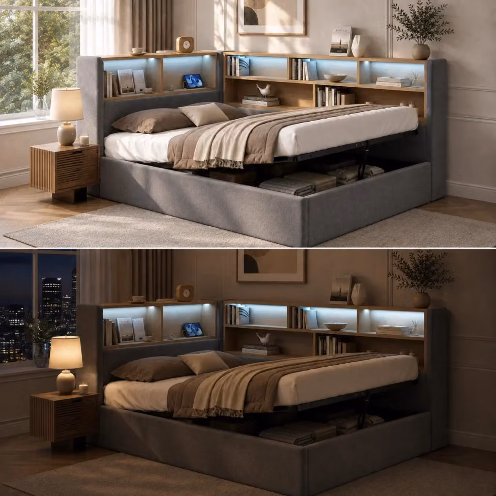 Letto contenitore Mivray in velluto grigio con illuminazione LED, porte USB Type-C e rete a doghe inclusa L/P: 160 x 200 cm – 2