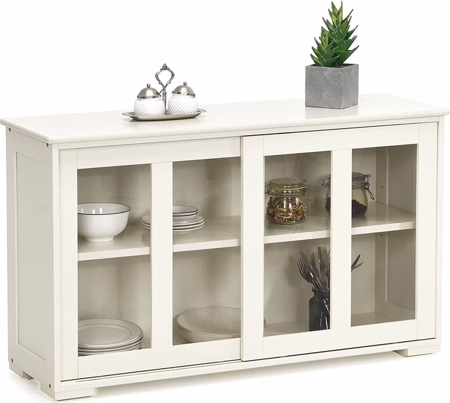 Credenza con ante in vetro, mobile da cucina con ripiano regolabile in altezza, cassettiera o mobile ausiliario per cucina, soggiorno o ingresso, 106,5 x 33 x 62,5 cm (bianco crema)