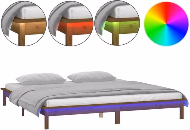 Letto matrimoniale Ambra in legno massello di pino marrone con illuminazione LED e porta USB L/P/H: 140 x 200 x 151.5 cm