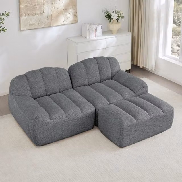 Divano Modulare 2 Posti Angolare con Ottoman ¨C Xylo ¨C Grigio, Tessuto, Senza Montaggio
