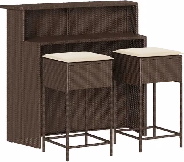 Set Bar da Giardino 3 pz | Set Salotto da Giardino con Cuscini in Polyrattan Marrone